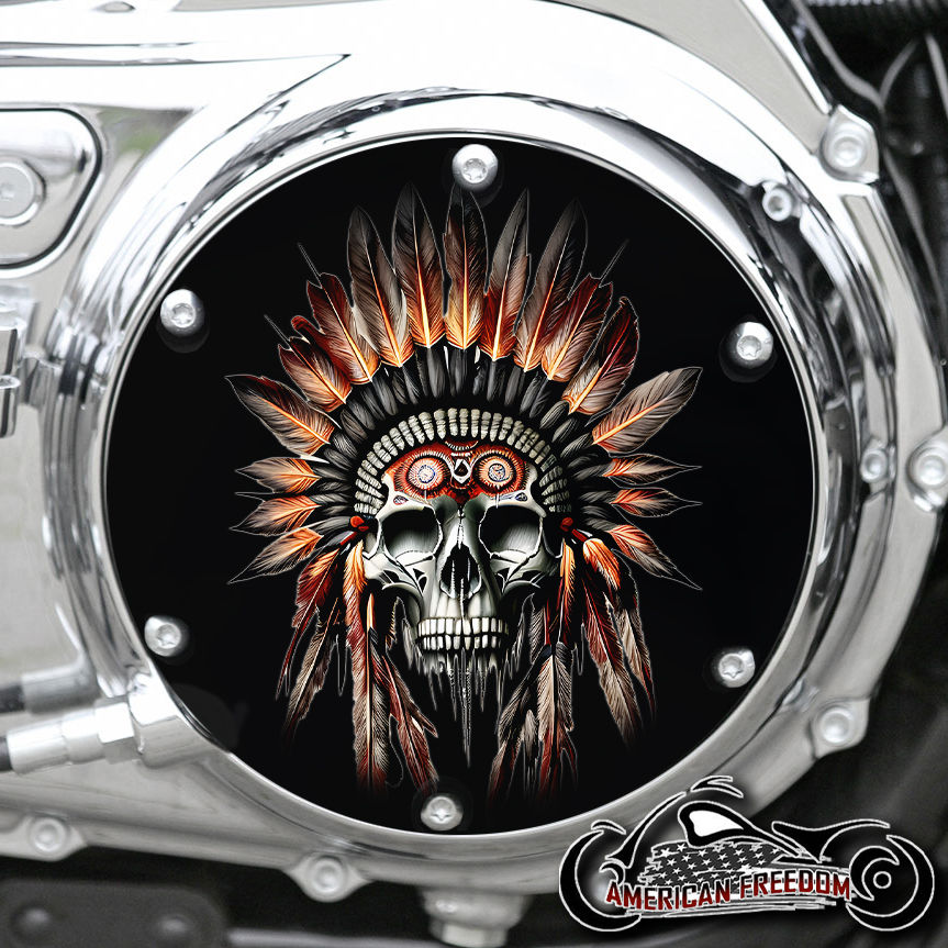 Thumbnail: Indian Headdress Skull design on a Harley Davidson 6 Hole Sportster Derby
