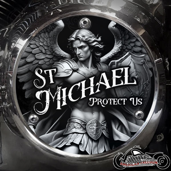 Thumbnail: St Michael Protect Us design on a Harley Davidson 3 Hole Big Twin EVO Derby