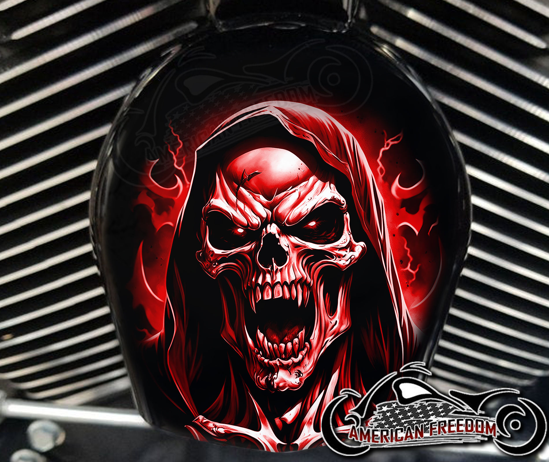 Red Vampire Reaper design on a Harley Davidson Horn Cover