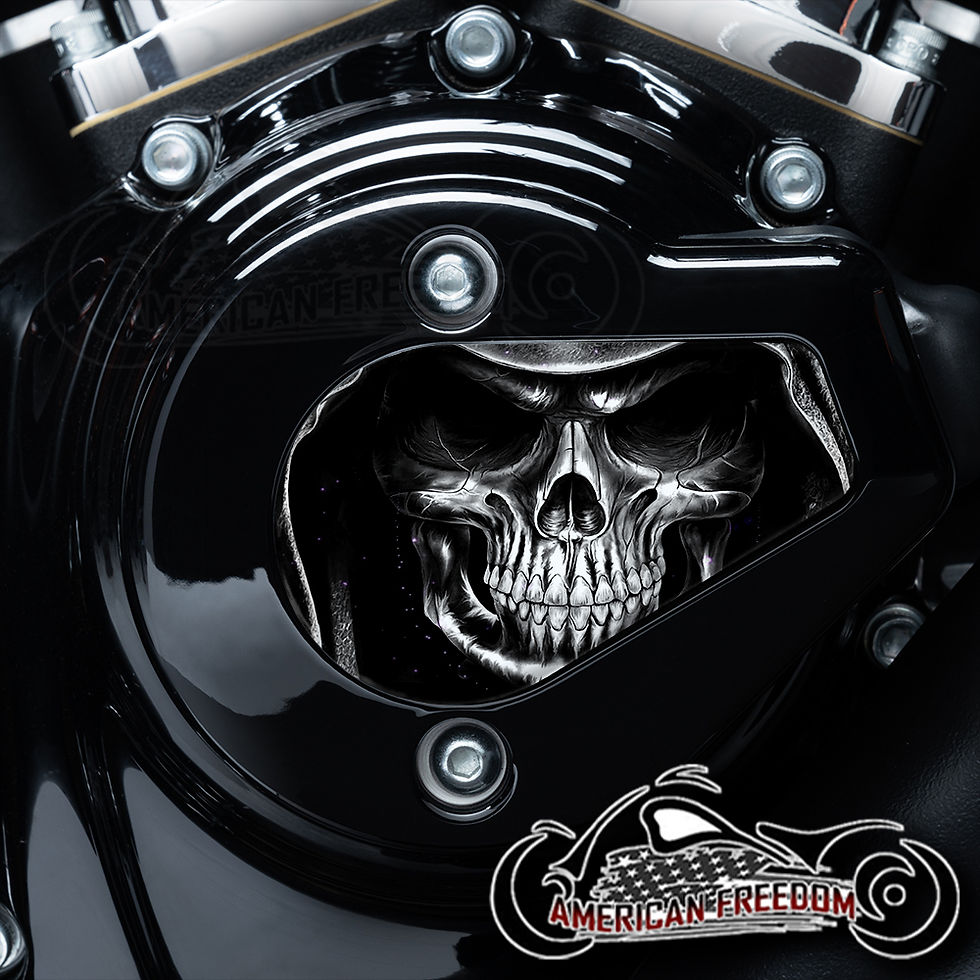 Thumbnail: Reaper Face design on a Harley Davidson VVT Timing Medallion