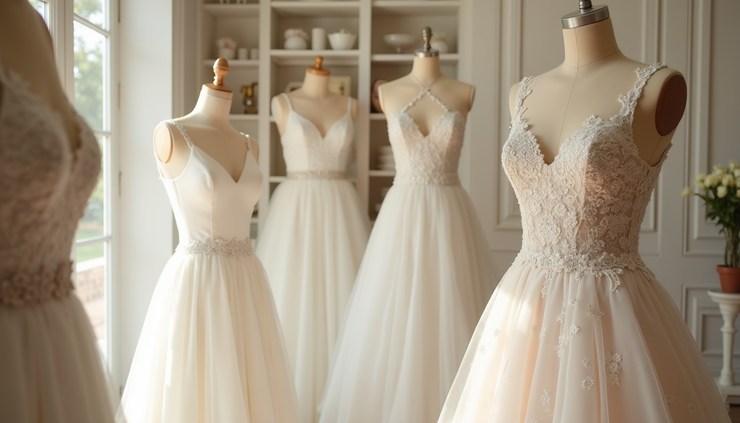 Eye-level view of a bridal boutique showcasing elegant wedding dresses on mannequins