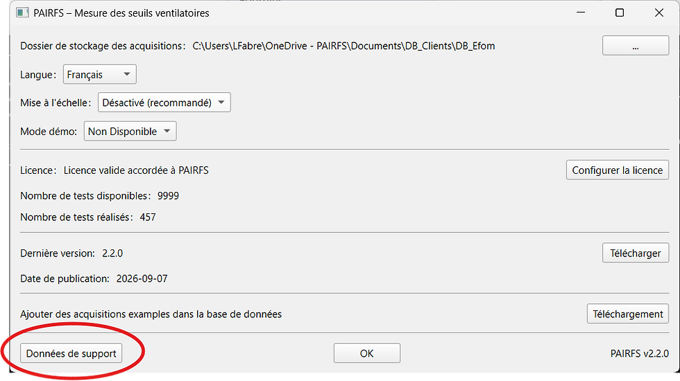 Logiciel PAIRFS - Paramètres - Données de support