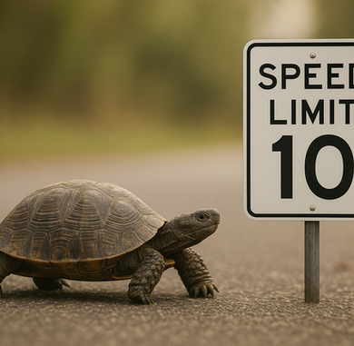 A turtle approaching a speed limit sign