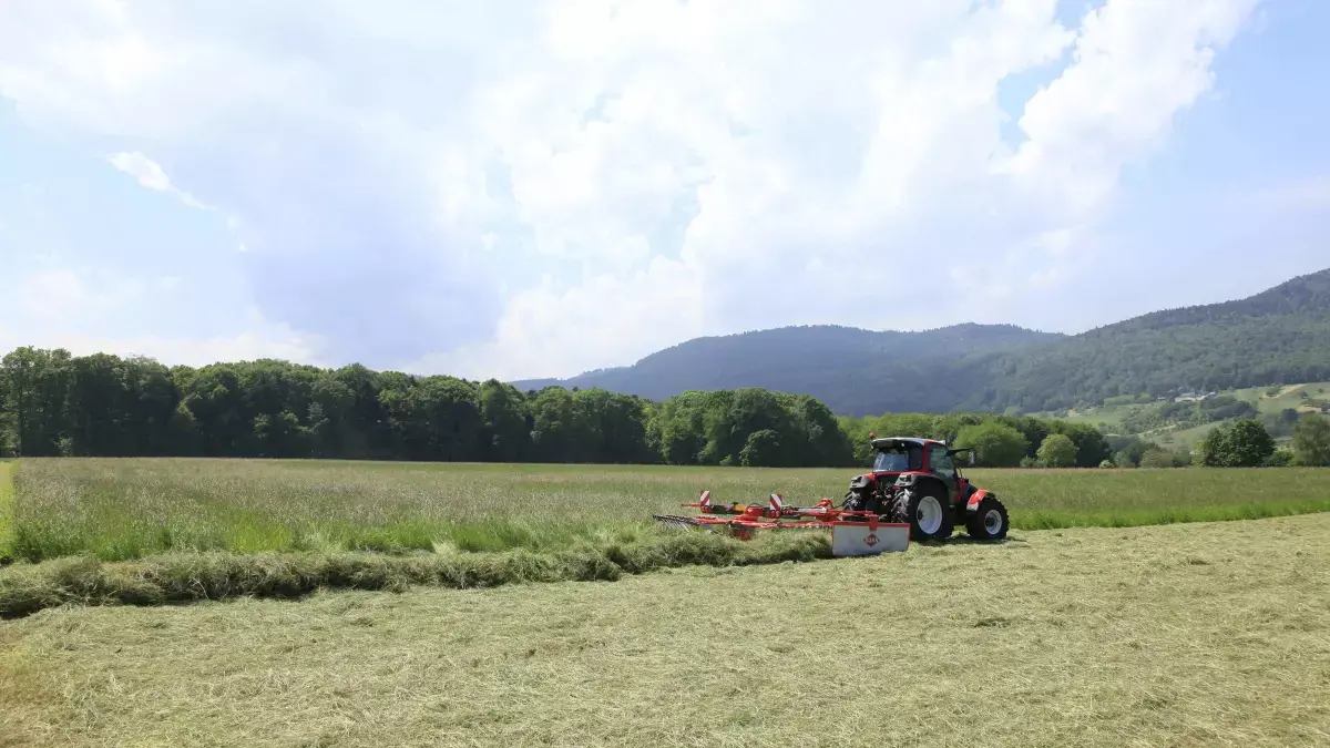 GA 4731 T / 5031 T Single-Rotor Rotary Rake attached to tractor rear, in field