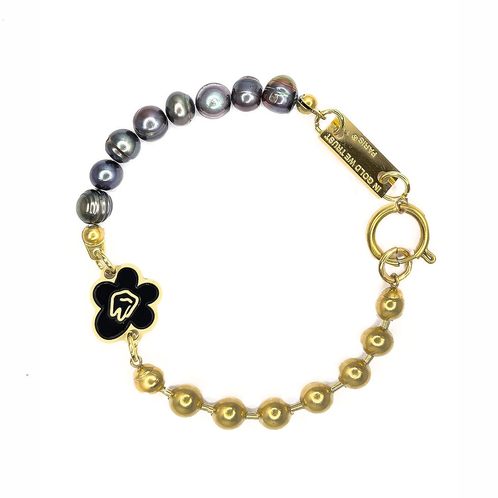 BRACELET " BLACK FLOWER & PEARL " - GLD