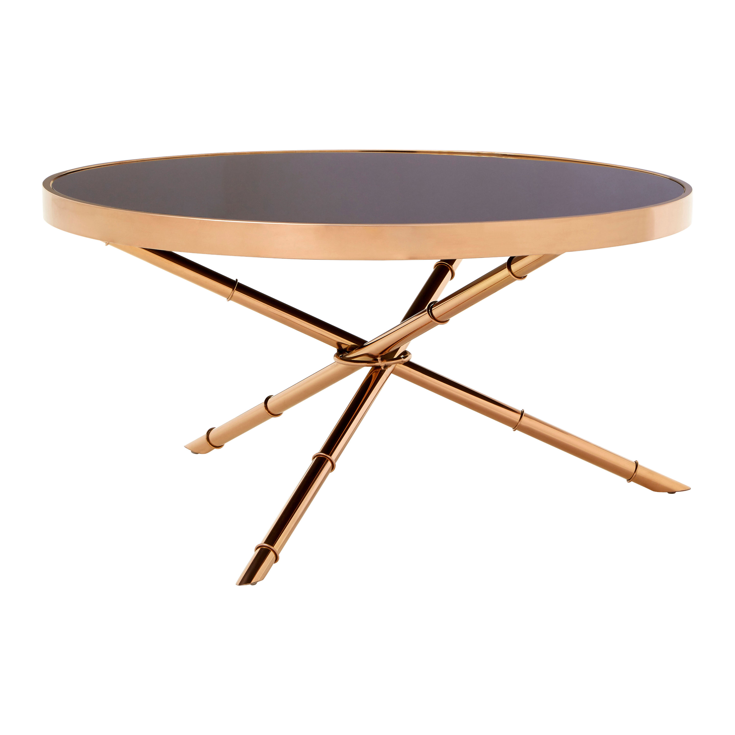 Aurelia Round Coffee Table with Rose Gold Legs and Black Glass Top
