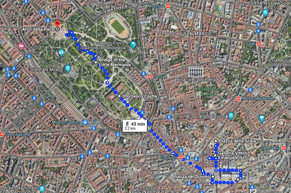 satellite view of milan parco sempione and a suggested walking tour 