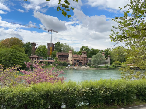 medieval village castle from across the river po in turin italy