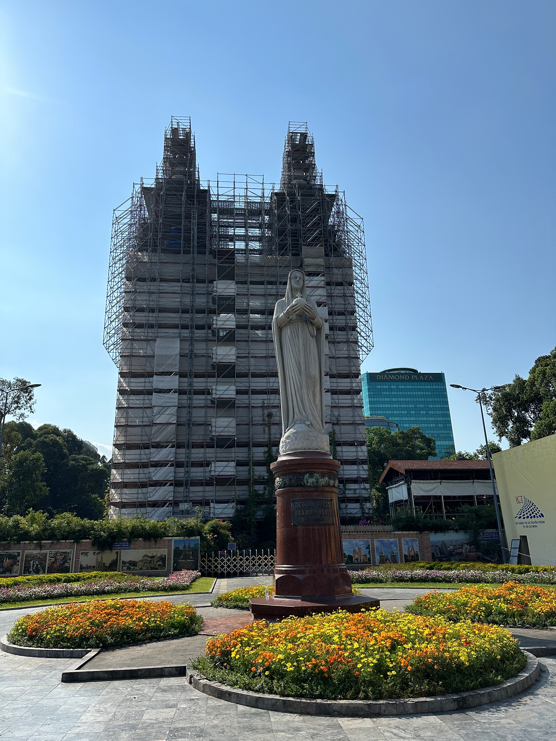 view of statue in front of notre dame of saigon