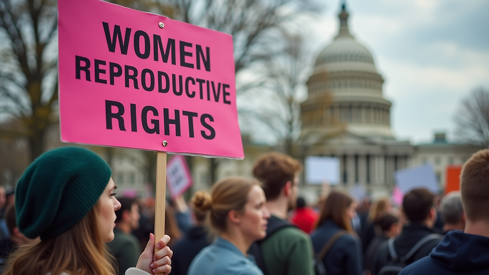 Close-up view of a protester holding a sign advocating for women's reproductive rights