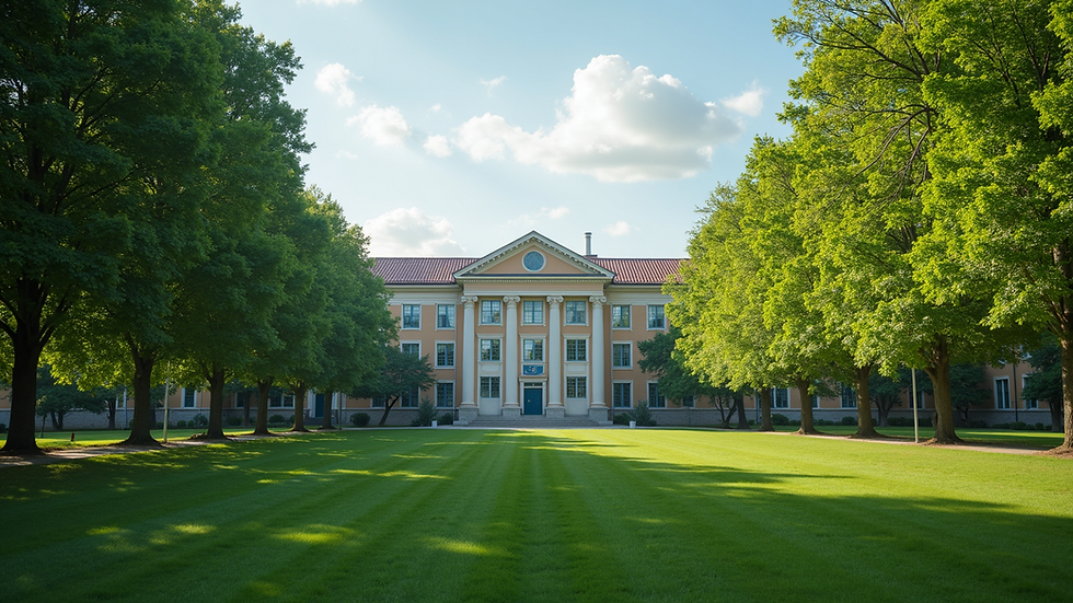 Wide angle view of a public school building surrounded by lush green trees