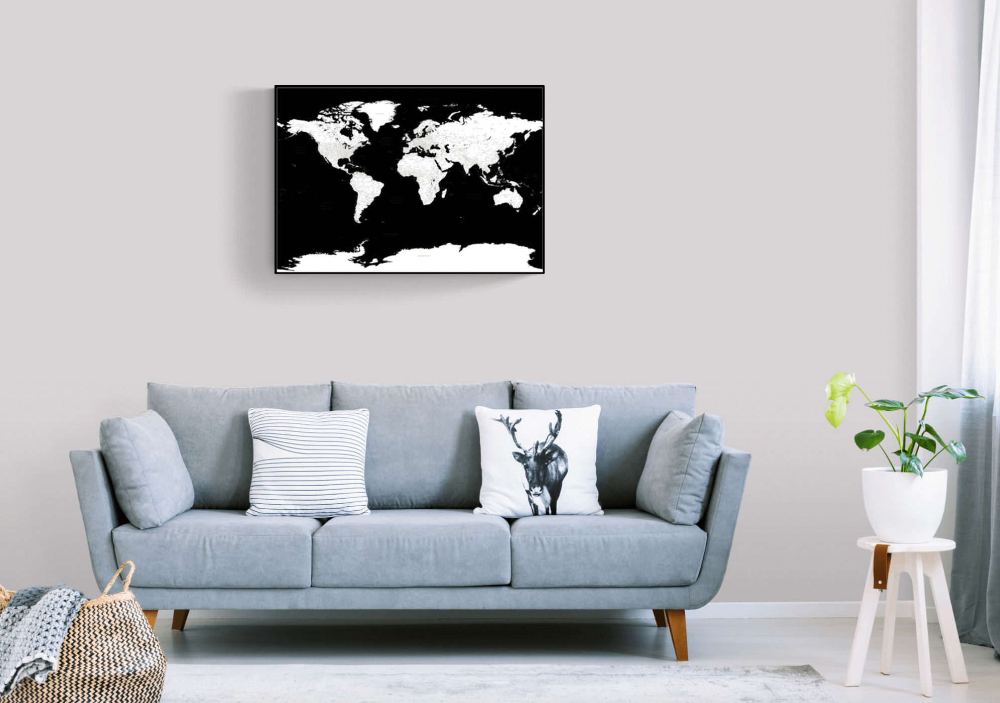 Baltas/juodas detalus pasaulio žemėlapis