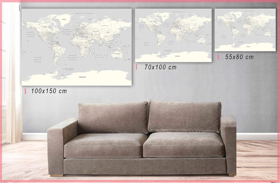 Miniatiūra: Šviesiai pilkas pasaulio žemėlapis ant drobės