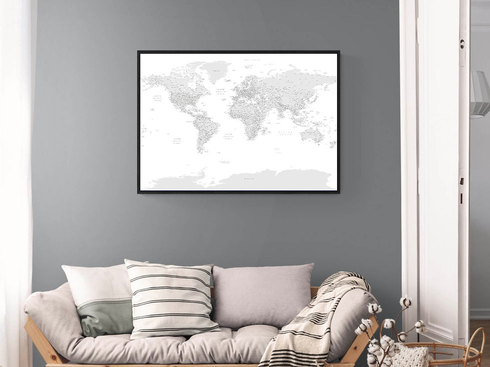 Miniatiūra: Pilkas/baltas pasaulio žemėlapis ant drobės