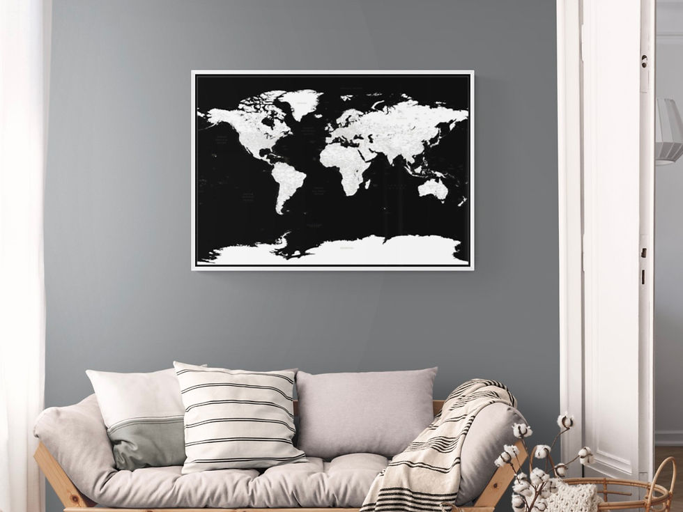 Miniatiūra: Baltas/juodas detalus pasaulio žemėlapis