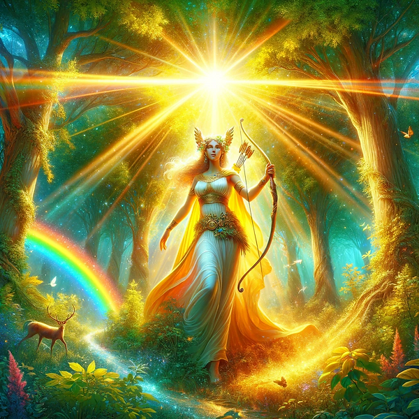 Artemis in a radiant, sunlit forest setting. Artemis stands, embodying the goddess of the
