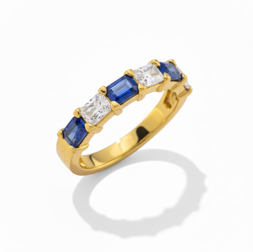 Radiant Diamond & Emerald Sapphire Alternating Ring