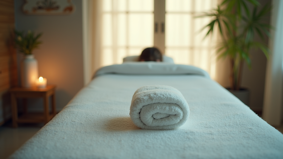 Vue en plongée d'une table de massage prête pour une séance