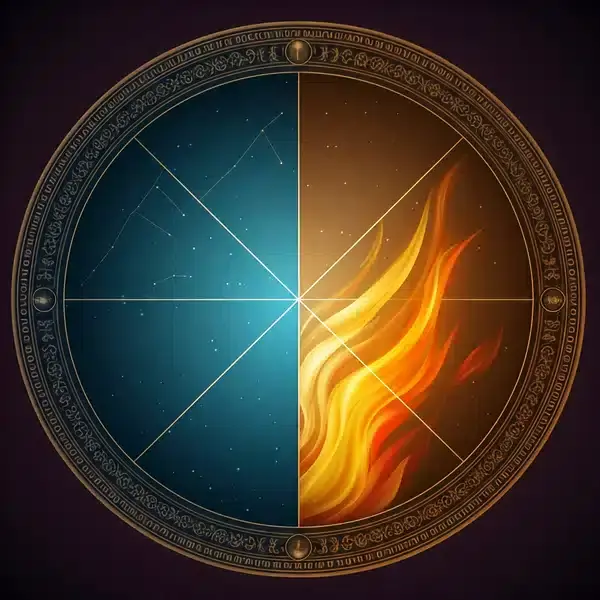A circular emblem divided into blue with constellations and fiery orange flames. Intricate patterns border the circle on a dark background.