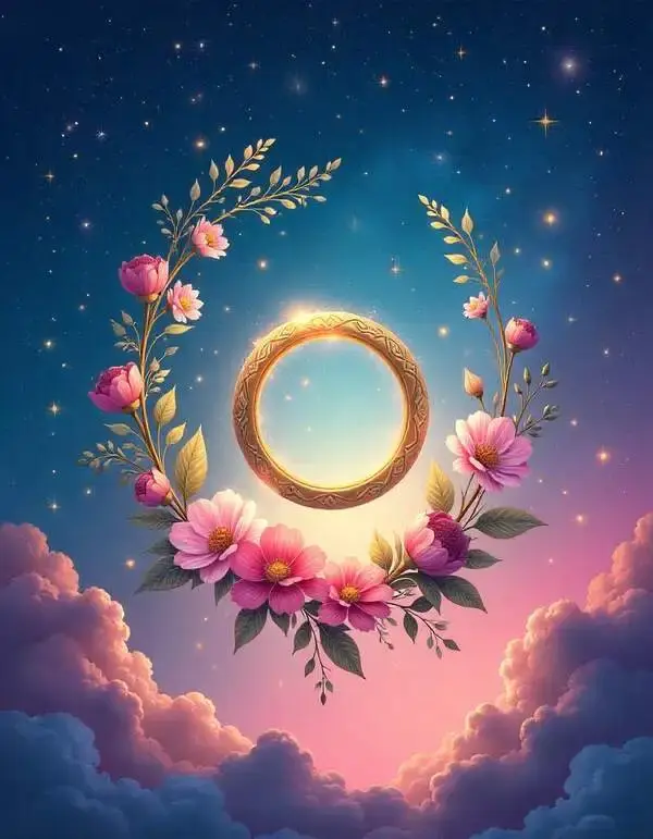 A golden ring floats in a starry sky, framed by pink and purple flowers with leaves. Soft clouds surround the scene, creating a magical mood.