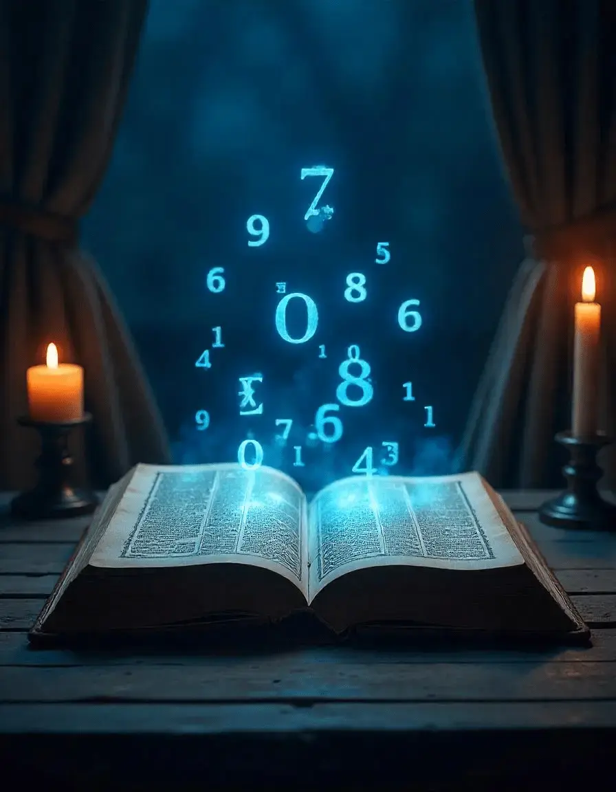 Open book on a wooden table with glowing blue numbers floating above. Two lit candles flank the scene against dark curtains. Mysterious mood.