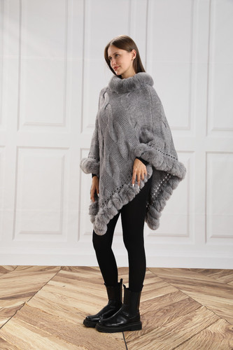 Knit Poncho with Fur Trim Detail - Grey | canarytown