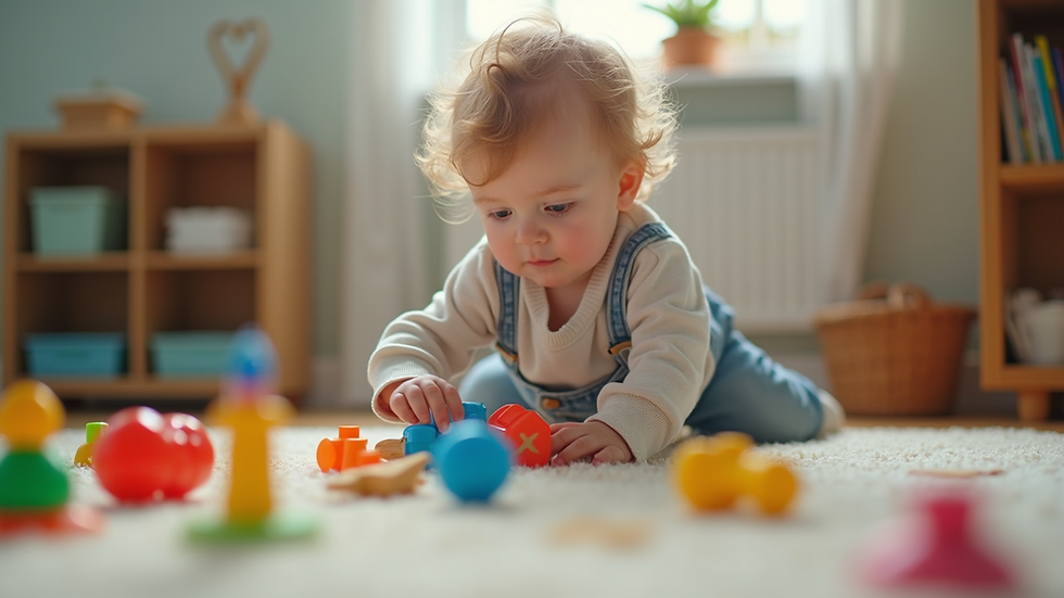 Eye-level view of a child playing with colorful educational toys