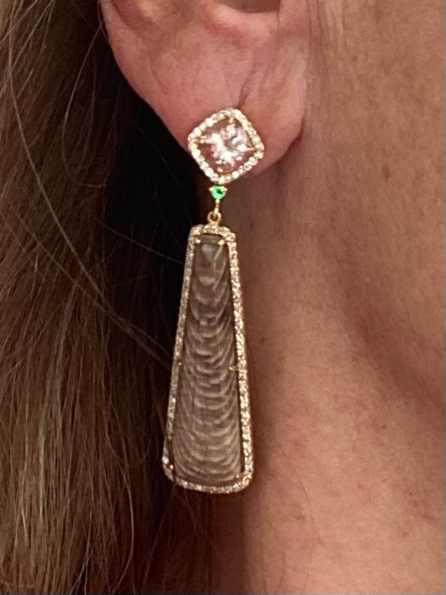 Thumbnail: Morganite, Tsavorite, Fossilized Sequoia& Diamond 14kt gold earrings