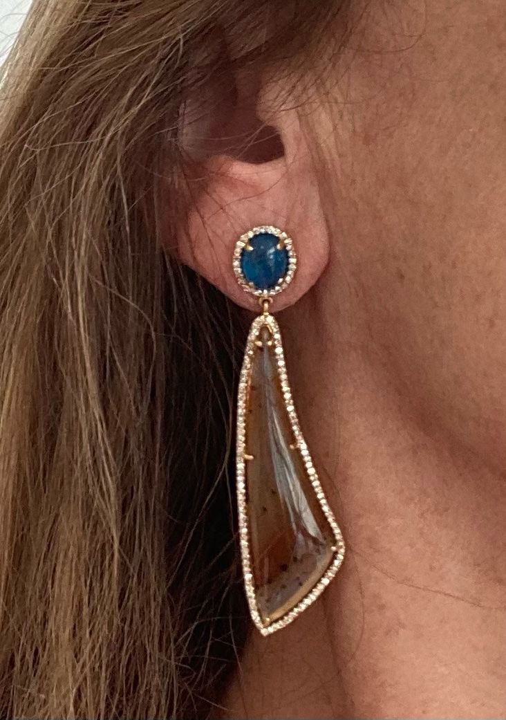 Thumbnail: Apatite, Montana Agate & Diamond 14kt gold earrings