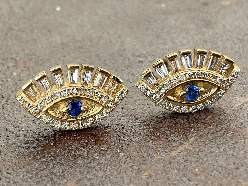 Evil eye Diamond Pearl & Sapphire 14kt gold earrings