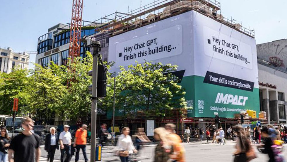 Construction site with a large ad saying "Hey Chat GPT, finish this building..." and "IMPACT." People walk by; trees are in the background.
