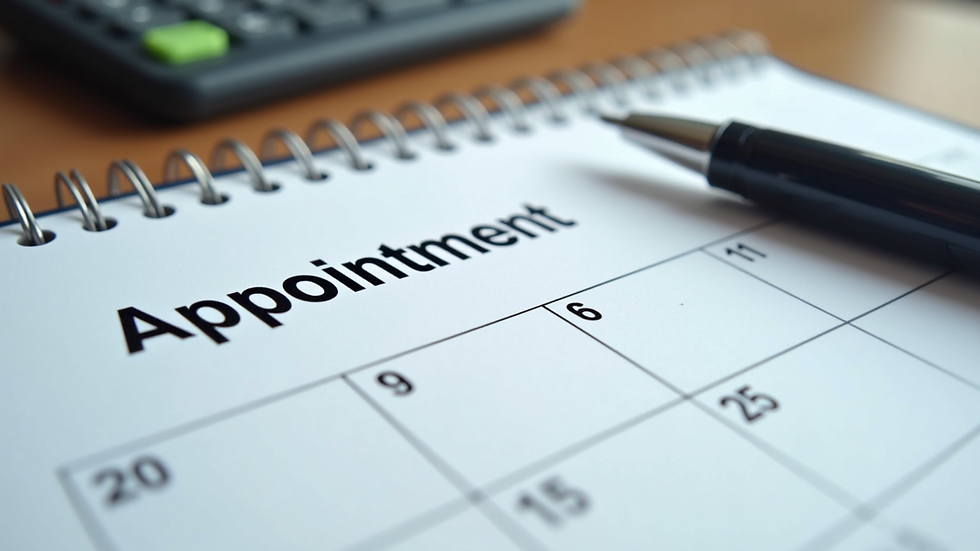 Close-up view of a calendar and pen on a desk, symbolizing appointment scheduling