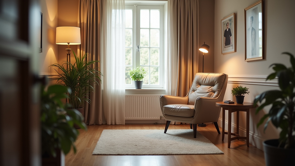 Eye-level view of a cozy psychologist's consultation room with a comfortable chair and soft lighting