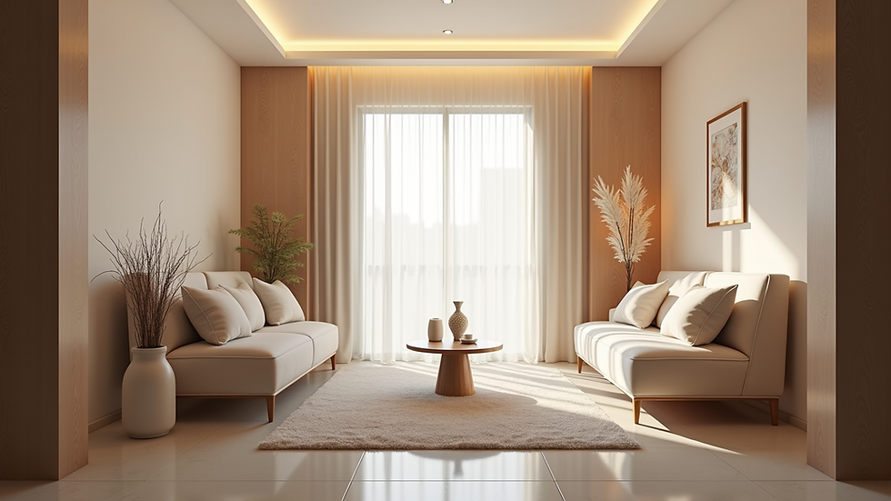 Eye-level view of a calm therapy room with comfortable chairs and soft lighting