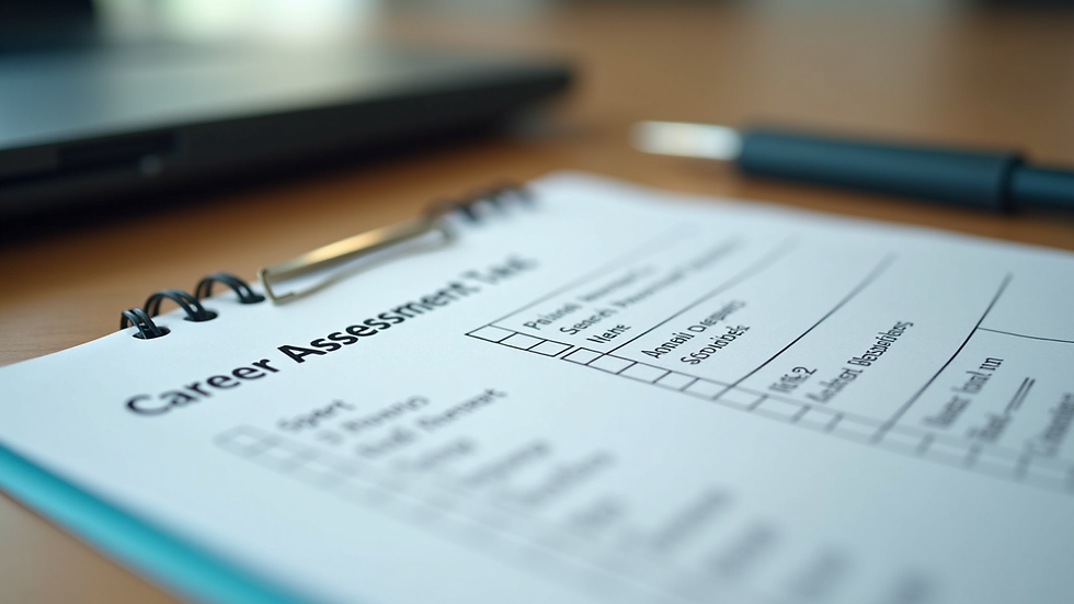 Close-up view of a career assessment test and notes on a desk