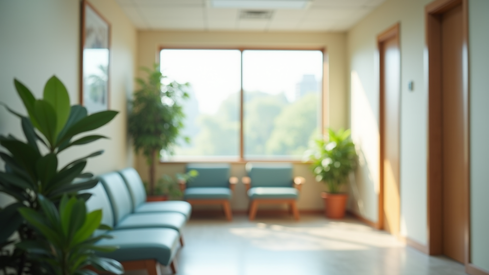 Close-up view of a calm waiting area in a mental health clinic with plants and soft colors