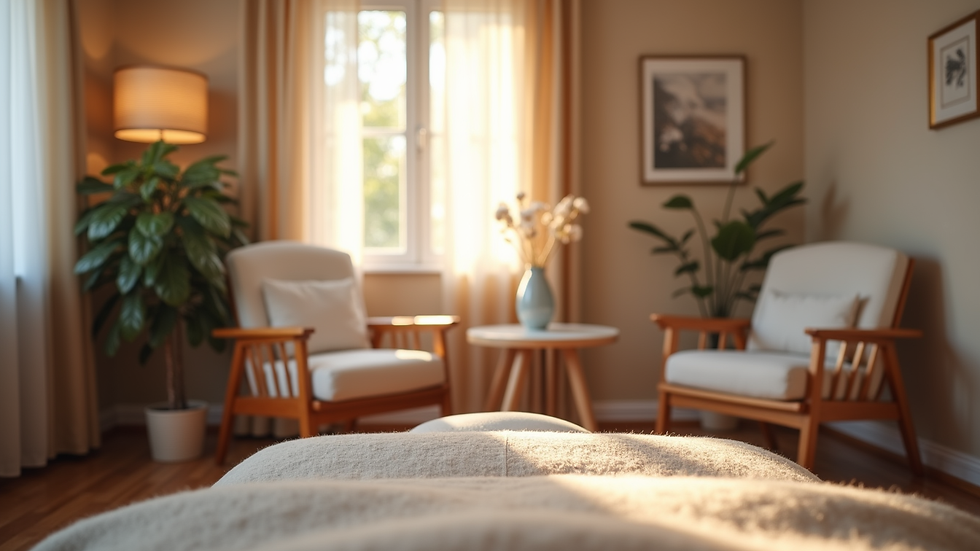 Eye-level view of a cozy therapy room with comfortable chairs and soft lighting