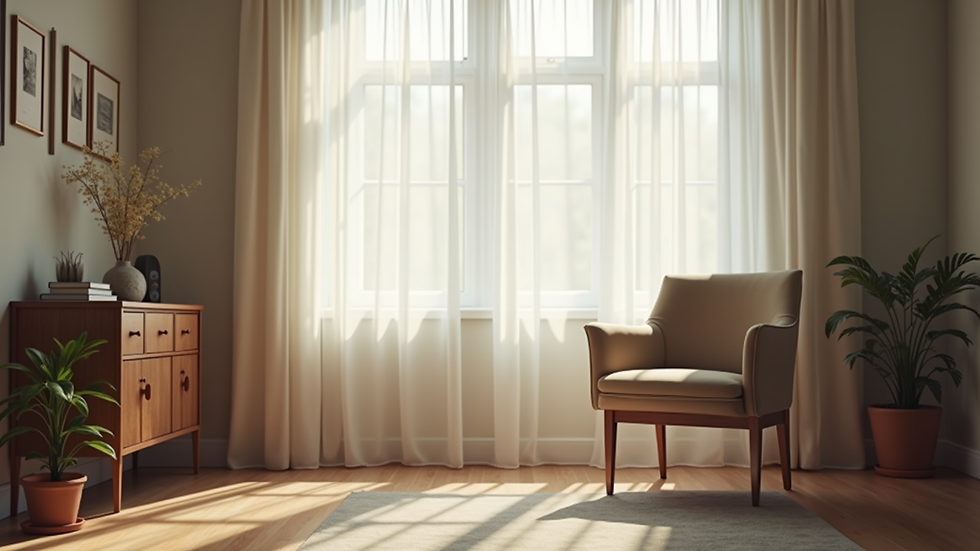 Eye-level view of a psychologist's consultation room with a comfortable chair and soft lighting