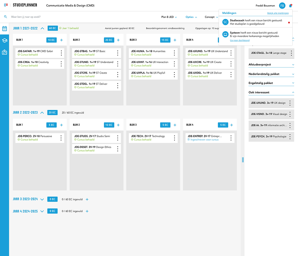 Studieplanner meldingen visual design
