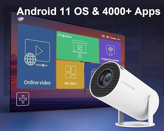 Mini Projector 4K 1080P Support, Portable Projector WiFi6 BT 5.0 Android 11, Sma