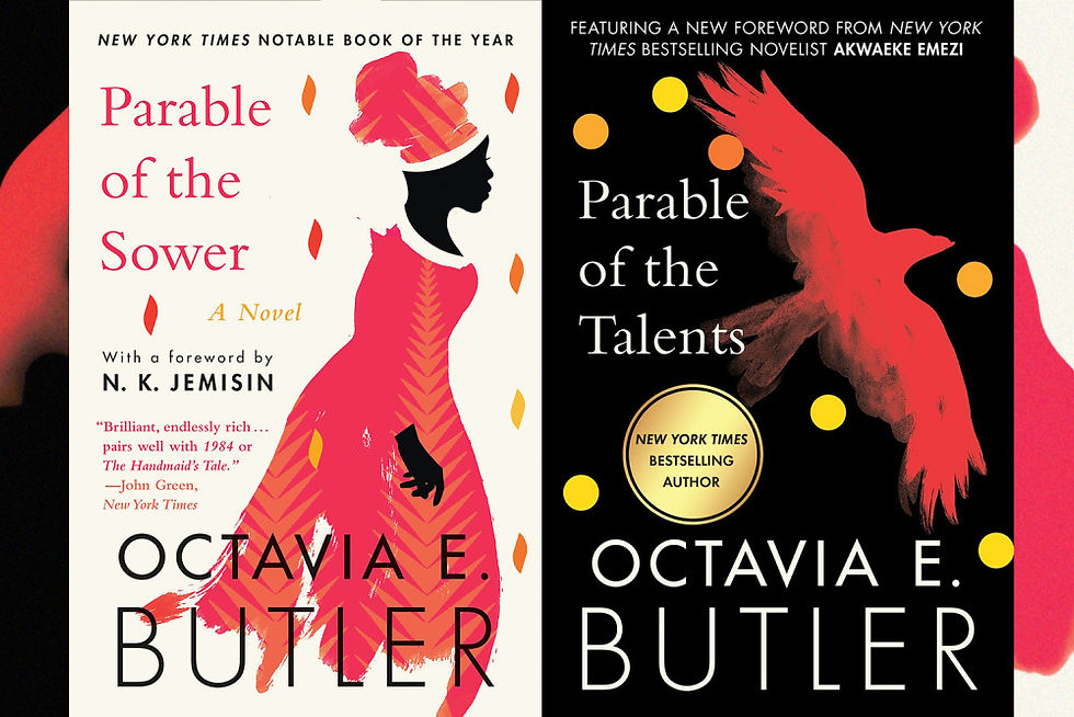 Two Octavia E. Butler book covers side by side: Parable of the Sower and Parable of the Talents, with stylized women and a bird.
