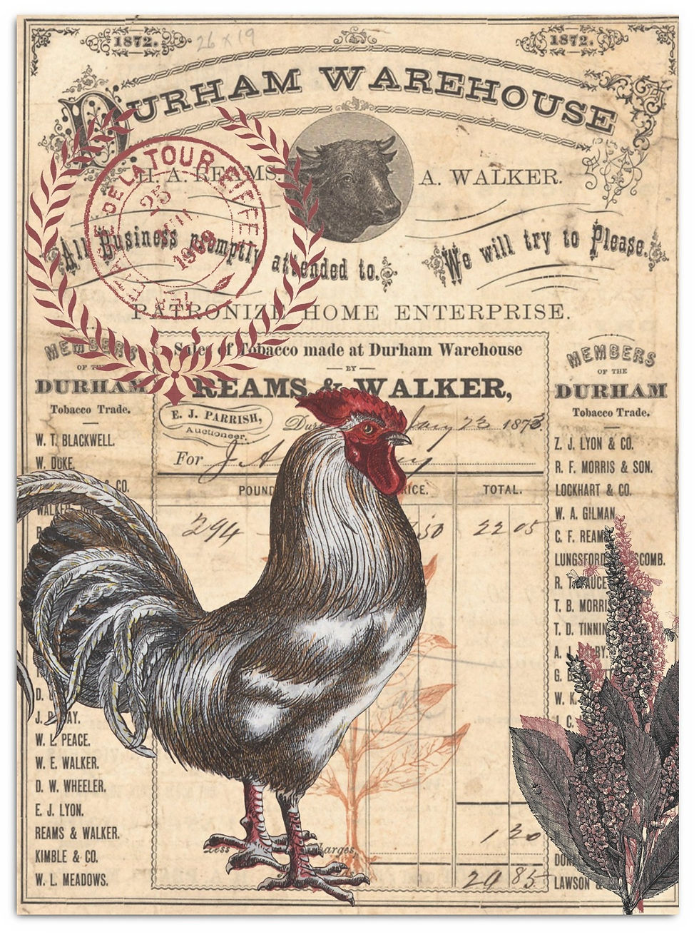 XL Decoupage Rice Papier "Rooster Ephemera" - 43,18X58,42cm - 18lb