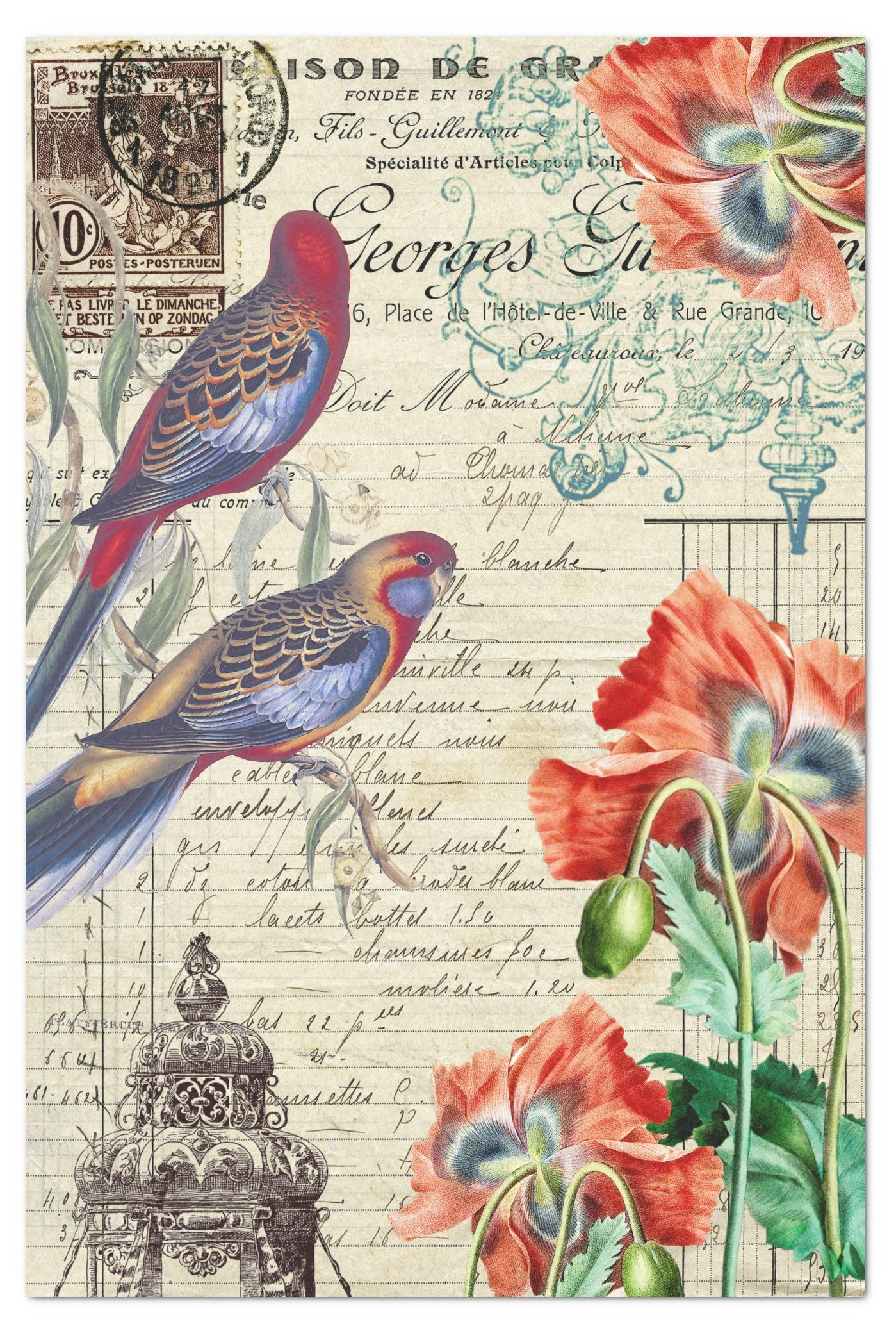 XXL Decoupage Rice Papier "PARAKEETS AND POPPIES VINTAGE" - 50,8X76,2