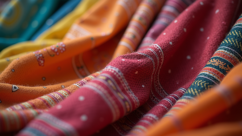Close-up view of colorful handmade Indian textiles