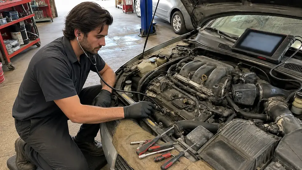 Mechanic diagnosing a cold-start timing-chain rattle in a Nissan VQ35DE engine