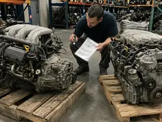 Transverse and longitudinal Nissan VQ35DE engines compared inside a used-engine warehouse