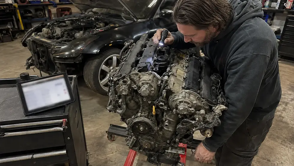 Technician inspecting the cam covers of a Nissan VQ35DE Rev-Up engine