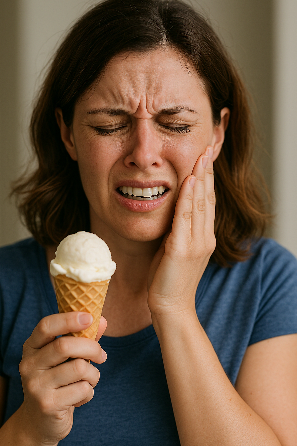 “Woman with tooth sensitivity holding ice cream and wincing in pain due to the cold.”