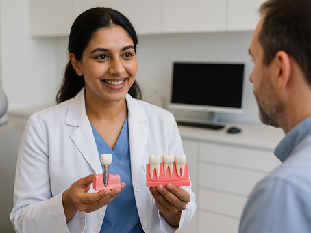 "Dr. Harkirat Kaur Aulakh at Profile Dental in Elk Grove explaining the difference between dental implants and dental bridges using models in a modern dental clinic."