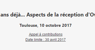CALL. 30.04.2017: 2000 ans déjà... Aspects de la réception d'Ovide - Toulouse (France)